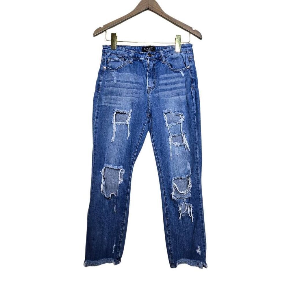 Judy Blue Girlfriend Fit Distressed Jeans Raw Hem High Rise Size 7/28